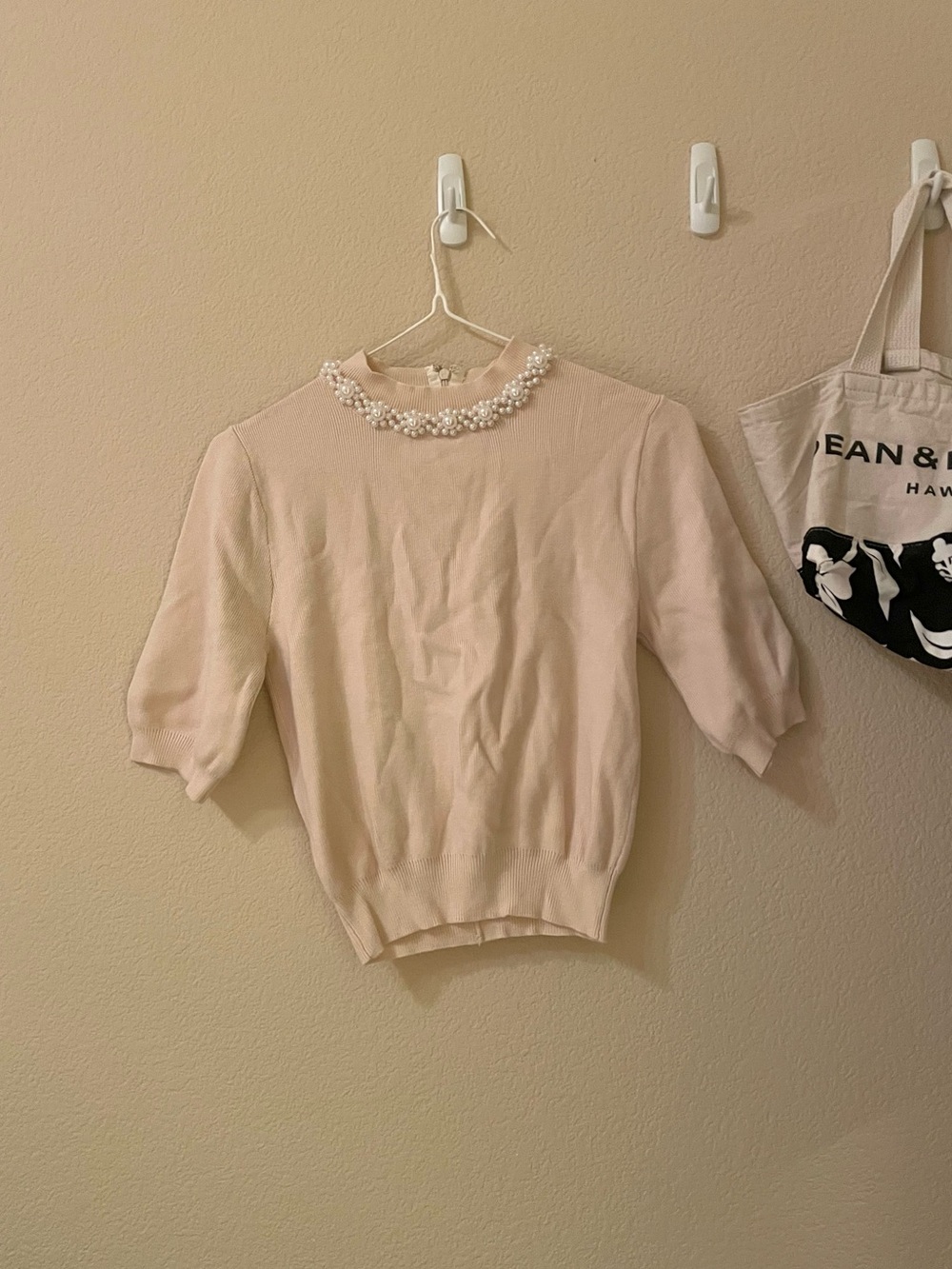 NWOT Pearl-Embellished 3/4 Sleeve Light Pink Knit Top